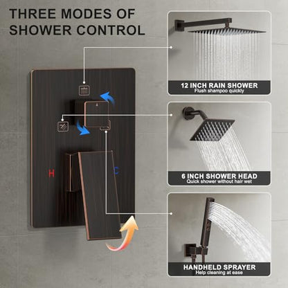 Rain Shower System 12" & 6" Dual Shower Heads, Wall Mount Shower Faucet Set | Ideal for bathroom remodels and upgrades with 12" rain shower, 6" angled shower, handheld spray and complete valve kit. - color: Oil Rubbed Bronze, size: Wall Mounted - 12"+6" S