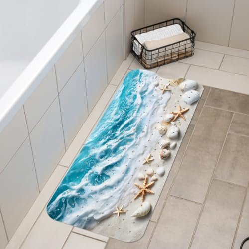 LNOND Summer Beach Bathtub Mat Non Slip, 40 X 16 Inch Tub Mat for Bathroom, Blue Waves Bath Tub Shower Mat with Drain Holes and Suction Cups - color: Blue Waves Bathtub Mat