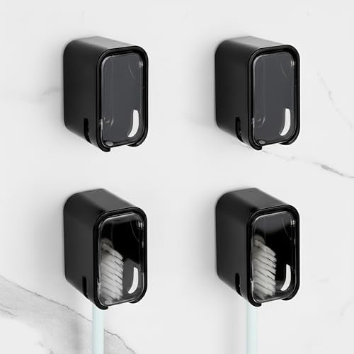 4 Pack Toothbrush Holders for Bathrooms Shower, Wall Mount Toothbrush Organizer with Cover, Self Adhesive Electric Toothbrush Storage, Quick Dry Toothbrush Hanger (Black) - color: Black