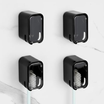 4 Pack Toothbrush Holders for Bathrooms Shower, Wall Mount Toothbrush Organizer with Cover, Self Adhesive Electric Toothbrush Storage, Quick Dry Toothbrush Hanger (Black) - color: Black