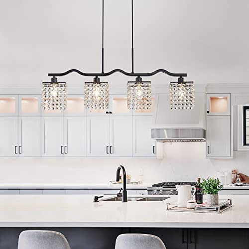 WUZUPS Crystal Chandelier 4-Light Linear Raindrop Pendant Ceiling Light Modern Lighting Fixture for Bedroom Dinning Room Bar Kitchen Island, H8.7'' W4.7'' L30.5, E12 Base, Black - color: Black Pendnat Light
