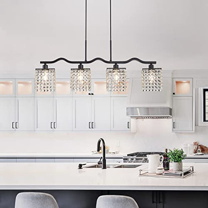 WUZUPS Crystal Chandelier 4-Light Linear Raindrop Pendant Ceiling Light Modern Lighting Fixture for Bedroom Dinning Room Bar Kitchen Island, H8.7'' W4.7'' L30.5, E12 Base, Black - color: Black Pendnat Light