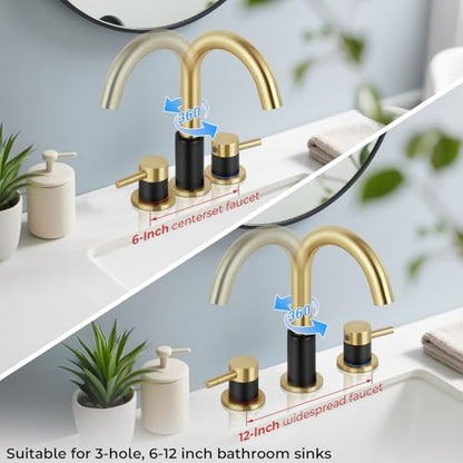 Black and Gold Bathroom Faucet 3 Hole, 2-Handle Widespread Faucet | Lead-free stainless steel, pop-up drain, Detachable faucet aerator, 360°swivel, for RV & vanity sink 3-hole mount - color: 1-Brushed Gold & Black, style: 8 Inch Widespread