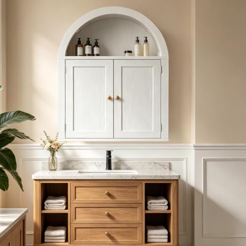 Bathroom Wall Cabinet with LED Light, Over The Toilet Storage Cabinet, Arched Bathroom Cabinet Wall Mount with 2 Doors & Adjustable Shelves, Above Bathroom Sink Cabinet for Laundry Kitchen (White) - color: White