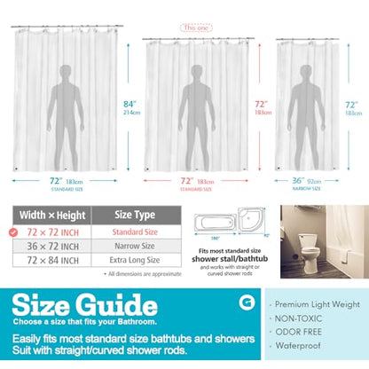 Ga-Geetopia Clear PEVA Plastic Shower Curtain Liner Premium Light Weight 72" x 72" Transparent Bathroom Shower Showroom Curtain Liner with Rustproof Metal Gromments and Weighted Magnet - color: Clear, size: 72"W x 72"L (Pack of 1)