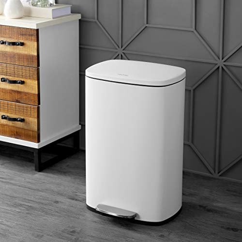 happimess Connor 2-Piece Stainless Steel Trash Can, Cotton White | 13.2 and 1.3 Gallons, Rectangular, Soft-Close Lid, Fingerprint Resistant, Step Pedal, 20 Liners, 26" and 12" Height - color: White