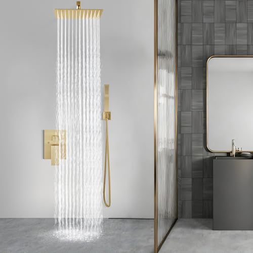 Aolemi Shower Faucet Set with Handheld Brushed Gold 16 Inch Head | Pressure Balance Shower Valve and Trim Kit,SUS304 Rain Head and Handle System,All Metal,Wall Mount,Bathroom,Handheld Spray - color: Gold, size: 16 Inch Wall Mount Shower Head