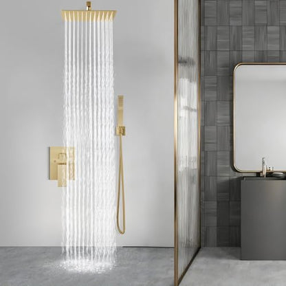 Aolemi Shower Faucet Set with Handheld Brushed Gold 16 Inch Head | Pressure Balance Shower Valve and Trim Kit,SUS304 Rain Head and Handle System,All Metal,Wall Mount,Bathroom,Handheld Spray - color: Gold, size: 16 Inch Wall Mount Shower Head