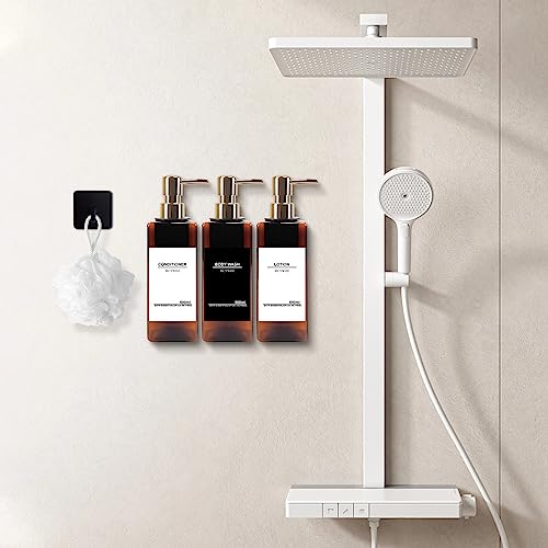 Shampoo and Conditioner Dispenser, No Drill, 16 Waterproof Labels | Shampoo Dispenser for Shower Wall, Shower Soap Dispenser Wall Mounted 3 Chamber, Bathroom, 17oz, Gold Amber - color: Amber Bottle + Gold Pump