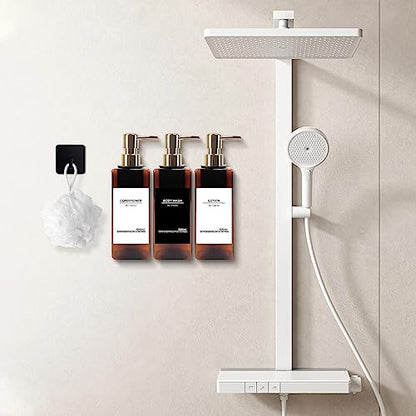 Shampoo and Conditioner Dispenser, No Drill, 16 Waterproof Labels | Shampoo Dispenser for Shower Wall, Shower Soap Dispenser Wall Mounted 3 Chamber, Bathroom, 17oz, Gold Amber - color: Amber Bottle + Gold Pump