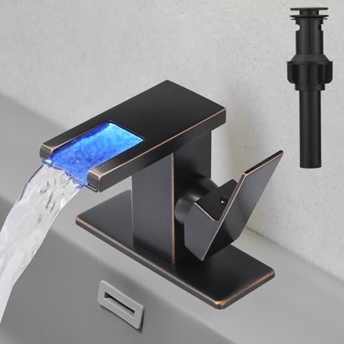 Hoimpro LED Bathroom Faucet, Single Handle Sink Faucets Bronze | Waterfall Widespread Faucet, 3 Colors Light Changing, with Pop-up Drain & cUPC Supply Lines, for Sink Vanity RV Restroom - color: Oil Rubbed Bronze