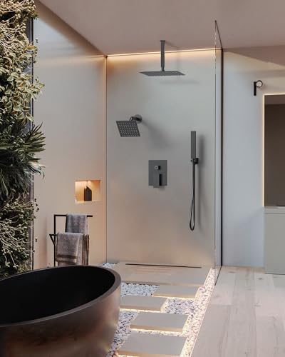 Matte Black 3-Function Shower System with 10" Rainfall & 6" Secondary Shower Head, Handheld Combo Set, Wall Mounted cUPC Certified Pressure Balance Valve - color: Matte Black