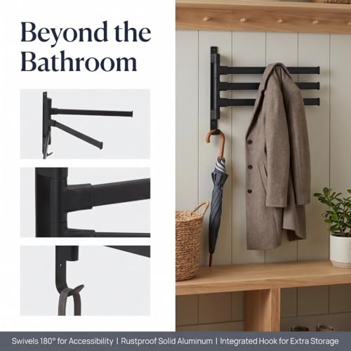 Black Aluminum Swivel Towel Bar, Wall Mounted 180 Degree Rotating Multi-Arm Towel Rack with Bottom Hook for Bathroom Kitchen(3-Arm) - size: 3-Arm