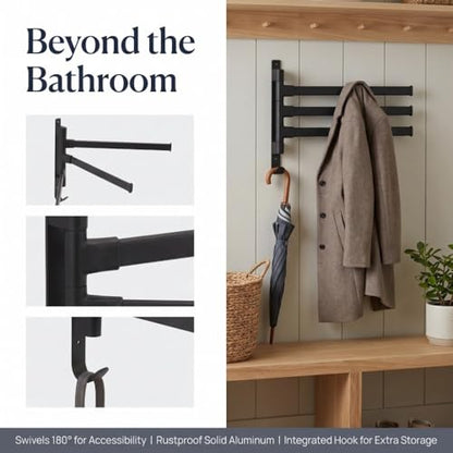 Black Aluminum Swivel Towel Bar, Wall Mounted 180 Degree Rotating Multi-Arm Towel Rack with Bottom Hook for Bathroom Kitchen(3-Arm) - size: 3-Arm