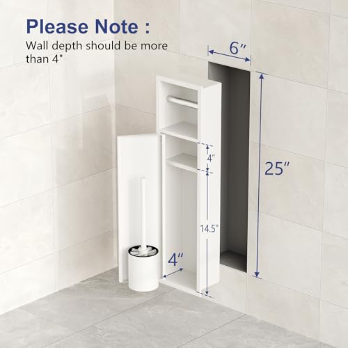 Qeke in Wall Toilet Brush Holder w/Cabinet, White, 4" Depth | 304 Stainless Steel Rustproof Recessed Toilet Brush Holder, Tissue Paper Holder w/ Toilet Brush for Bathroom - color: Matte White