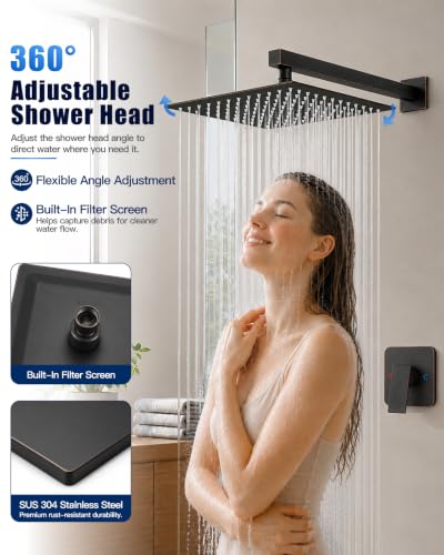 Heyalan 12 Inch Square Rain Shower Faucet Set with Valve, Oil Rubbed Bronze | Female-thread 1/2-inch NPT connections, SUS304 shower head, brass rough-in valve, single-handle control Shower Set - color: Bronze, size: 12 Inch Square Shower Head