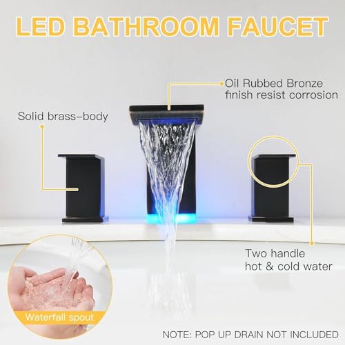 BESy LED Oil Rubbed Bronze Square Bathroom Faucets 3 Hole Waterfall 8 Inch Widespread with 3 Colors Light Changing Sink Faucet with Pop-up Drain, Supply Lines 2 Handles for Vanity, Lavatory, Restroom - color: Oil Rubbed Bronze