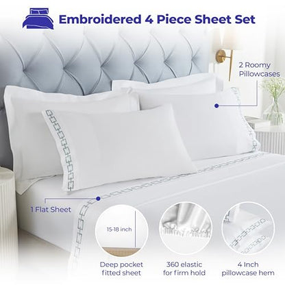 Superior Embroidered Cotton Bed Sheet Set, 1 Elastic Deep Pocket Fitted Sheet, 1 Flat Sheet, 2 Pillowcases, Daily Sheets, Luxury, Unique Design, Chain Links Collection, King, White-Silver - color: White-silver, size: King