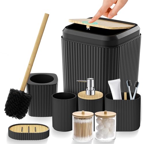 Black Bathroom Accessories Set, 8 Pieces Bathroom Decor Set, Trash Can, Toilet Brush with Holder, Soap Dispenser, Toothbrush and Toothpaste Holder, Tumbler Cup, Soap Dish, Qtip Holders - color: Black, size: 8 Pieces