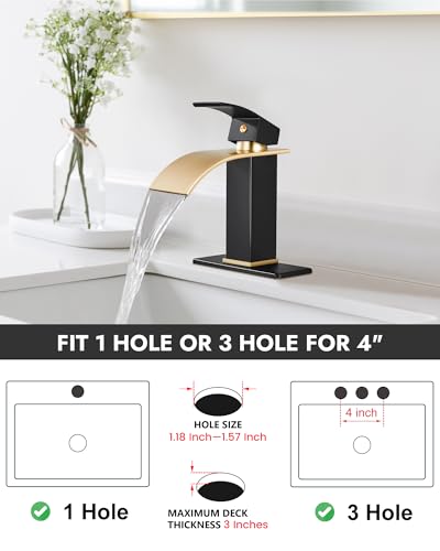 Midanya Waterfall Bathroom Faucet 1 Hole,Brushed Gold Spout/Matte Black | with 24” Hoses,Pop Up Drain,6” Deck Plate,for 1 or 3 Hole Vanity,Lavatory,RV,Single Handle Bathroom Sink Faucet,NSF Certified - color: Gold Spout/Black