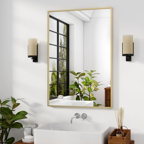 HARRITPURE 28"x20" Rectangle Bathroom Mirror, Gold Vanity Wall Mirror | Aluminum Alloy Frame Wall Mirror, Horizontal or Vertical Wall Mount for Entryway Bedroom Living Room - size: 28"L x 20"W