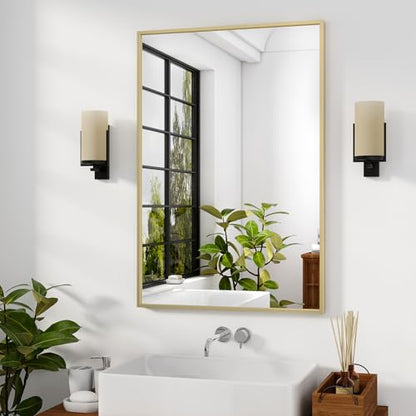 HARRITPURE 28"x20" Rectangle Bathroom Mirror, Gold Vanity Wall Mirror | Aluminum Alloy Frame Wall Mirror, Horizontal or Vertical Wall Mount for Entryway Bedroom Living Room - size: 28"L x 20"W