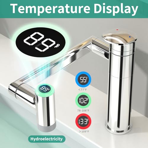 Modern Bathroom Faucet 1 Hole with Temperature Display, Chrome | Batteries-Free, 1080° Rotatable Single Hole Bathroom Faucet, Single Handle Bathroom Vanity Faucets, 2 Spray Modes - color: Chrome