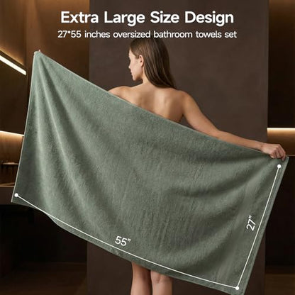 REDKISS Bath Towels 4-Pack, 100% Cotton, Thick Plush & Highly Absorbent, 27.5" x 55" for Shower, Spa & Home - color: Gray Green