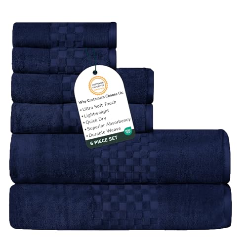 Feather & Stitch 100% Cotton 625 GSM Bath Towel Set of 6, Ultra Soft Highly Absorbent 2 Bath Towels, 2 Hand Towels & 2 Washcloth - Luxury Quick Dry Shower Towels (Navy Blue) - color: Navy Blue
