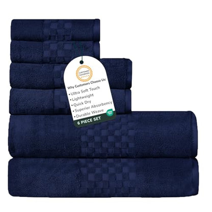 Feather & Stitch 100% Cotton 625 GSM Bath Towel Set of 6, Ultra Soft Highly Absorbent 2 Bath Towels, 2 Hand Towels & 2 Washcloth - Luxury Quick Dry Shower Towels (Navy Blue) - color: Navy Blue