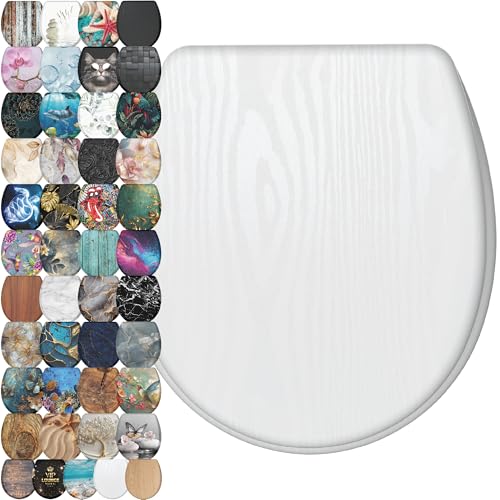 Sanilo Wooden Toilet Seat with Quick Release & Soft Close [ROUND] - Decorative & Slow Close Molded Wood Seat - With One Click for Easy Installation & Cleaning - With Adjustable Fit (White Wood) - color: White Wood