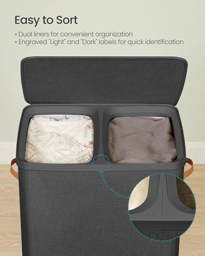 SONGMICS Laundry Basket, 44.9 Gal. Laundry Hamper, 2 Compartments, Easy Assembly, with Lid and Handles, Removable Liners, 22 x 15.7 x 29.5 Inches, Ink Black ULCB813B01 - color: Ink Black, size: 170 L (2-Section)