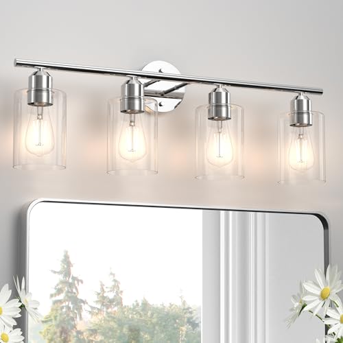 Bathroom Vanity Light Fixtures Polished Chrome,4 Lights Rustic Farmhouse Vanity Bar Lighting Over Mirror Modern Industrial Wall Sconces Lamp with Cylinder Glass Shade - color: Polished Chrome, size: 4 Lights