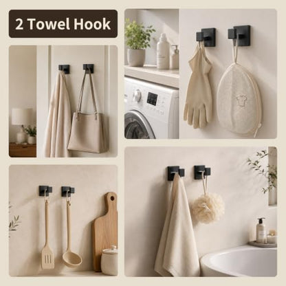 9 Piece Matte Black Bathroom Hardware Set, 24 Inch Double Towel Bar with Removable Hooks, SUS304 Stainless Steel Wall Mounted Heavy Duty Rustproof Accessories for Bathroom Kitchen - color: B-24 Matte Black