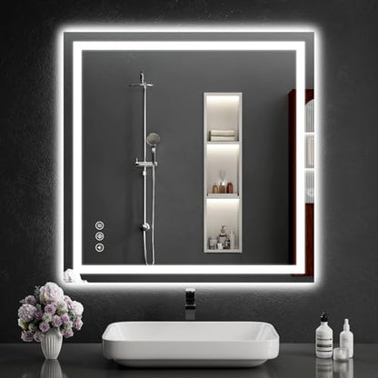 36"x36" LED Bathroom Mirror with Lights, Dimmable, Anti-Fog, Lighted Bathroom Vanity Mirror for Wall, Backlit + Front Lit, Memory Function, Shatter-Proof, Tempered Glass - size: 36"L x 36"W