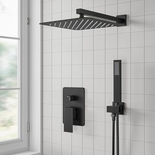 ESNBIA Shower System, Black Shower Faucet Set with Shower Head and Handle Set, 10 Inches Rain Shower Head with Handheld Spray Combo, High Pressure Shower Head Set with Shower Valve, Matte Black - color: Matte Black, style: 10 Inches