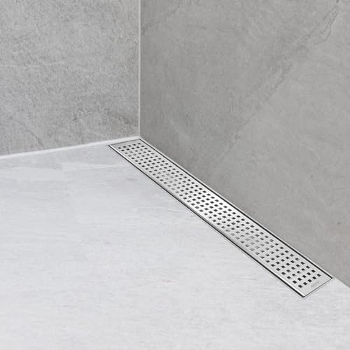 Neodrain 18-Inch Brushed Linear Shower Drain with Quadrato Pattern Grate | 304 Stainless Steel Linear Drain,Rectangle Shower Floor Drain with Hair Strainer, shower drain base ,Fits Bathroom, Balcony - color: Brushed, size: 18 In