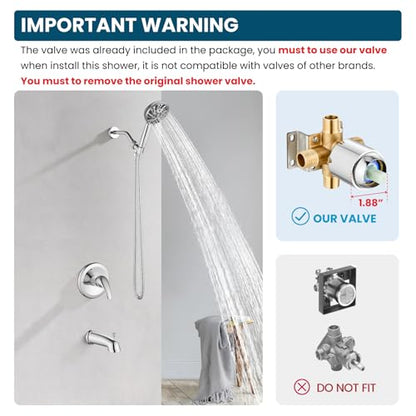 gotonovo Tub Shower Faucet Set with Valve 6 Mode Handheld Polished Chrome | Bathtub Faucet Set,6 Mode ABS Handheld Spray,6.3’’ Metal Tub Spout,Brass Valve Trim Kit,Shower Head and Handle Kit,Wall Mount - color: Chrome