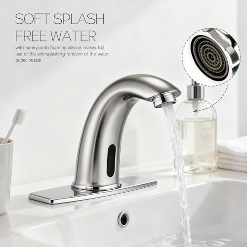 Touchless Bathroom Sink Faucet Automatic Motion Sensor Hands Free Fauce | Brushed nickel, with hole cover plate temperature mixer, commercial solid brass faucet, AC/DC powered, 1 hole or 3 hole - color: Brushed Nickel