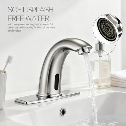 Touchless Bathroom Sink Faucet Automatic Motion Sensor Hands Free Fauce | Brushed nickel, with hole cover plate temperature mixer, commercial solid brass faucet, AC/DC powered, 1 hole or 3 hole - color: Brushed Nickel