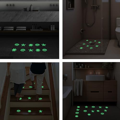 24pcs Luminous Anti Slip Shower Stickers for Bathroom Tub Stairs Floor Laundry Shell Starfish Flower Non Slip Safety Waterproof Anti Skid Strip Tape Decals for Kid Baby (Luminous-Mixture)