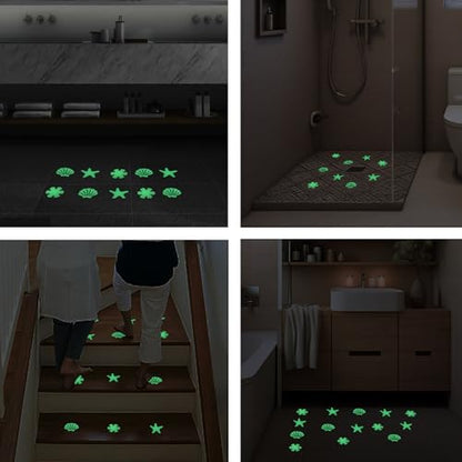 24pcs Luminous Anti Slip Shower Stickers for Bathroom Tub Stairs Floor Laundry Shell Starfish Flower Non Slip Safety Waterproof Anti Skid Strip Tape Decals for Kid Baby (Luminous-Mixture)