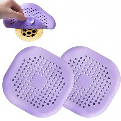 Silicone Hair Catcher 2-piece Set, Square Shower Drain Cover with Strong Suction Cup, Anti Clogging Hair Catcher for Shower, Bathtub, and Bathroom Drain Protectors (Purple) - color: Purple;