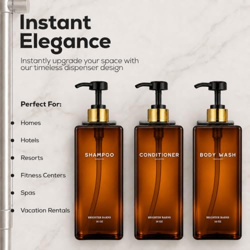Amber Shampoo and Conditioner Dispenser Set Wall Mounted by Brighter Barns - Refillable Shower Dispenser 3 Chamber No Drill - Plastic Shampoo Bottles for Shower Wall, Guest Bathroom, RV, Hotel (Amber) - color: Amber