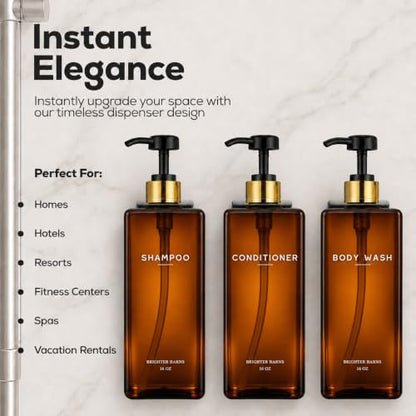 Amber Shampoo and Conditioner Dispenser Set Wall Mounted by Brighter Barns - Refillable Shower Dispenser 3 Chamber No Drill - Plastic Shampoo Bottles for Shower Wall, Guest Bathroom, RV, Hotel (Amber) - color: Amber