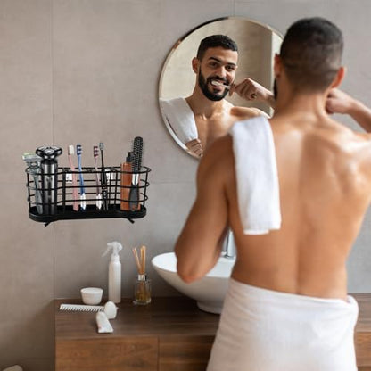 Wall Mount Toothbrush Holder, Black | Stainless Steel, Self-Adhesive, 4 Slots, For Shower, Countertop Compatible - color: Black Round
