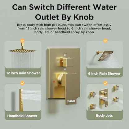 Shower System with 4 Body Spray Jets, STARBATH 4 Way 12 + 6"Rainfall Shower Head with Handheld Combo, Ceiling Mounted Shower Jets System in Wall Shower Faucet Set, Brushed Gold - color: Gold, size: 6"+12"-03