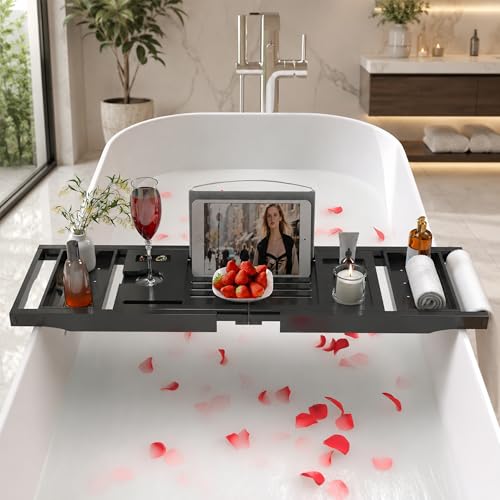 Artmeer Bamboo Bathtub Tray Caddy, Expandable Bath Table for Tub, Bathroom Organizer with Cup Holder, Book Stand and Extending Sides, Black