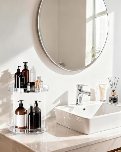 Lolalet 360 Degree Rotating Acrylic Perfume Organizer Stand, 2 Tiers Clear Perfumes Holder Display Rack, Makeup Skincare Organization for Vanity Bathroom Countertop -Medium, Clear - size: Medium