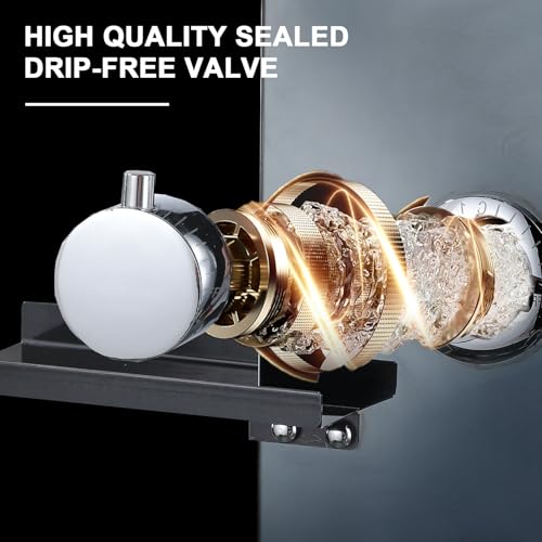 LED Black Shower Panels Tower System with Storage Shelf, LCD Temperature Display 304 Stainless Steel with Rainfall Shower Head with Handheld Massage Body Jets Bathroom Matte Waterfall Bathtub - color: Matte Black